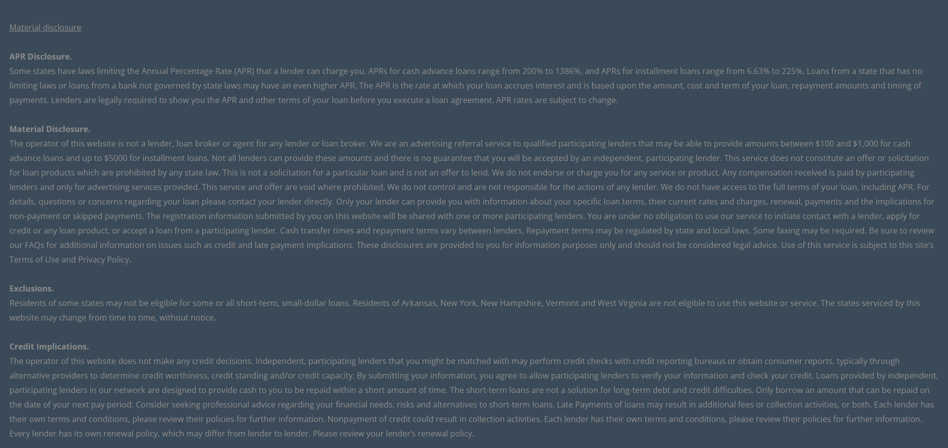 Material disclosure for payday loans in Aurora Illinois